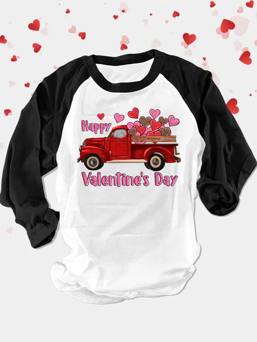Happy Valentine's Day Truck Hearts Clock Block Long Sleeve T-shirt