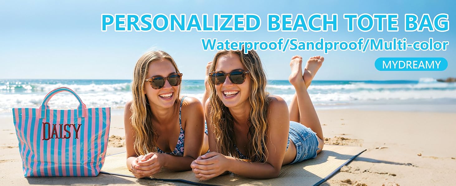 Personalized Beach Tote Bag with Name, Custom Embroidery Waterproof Striped Tote for Women