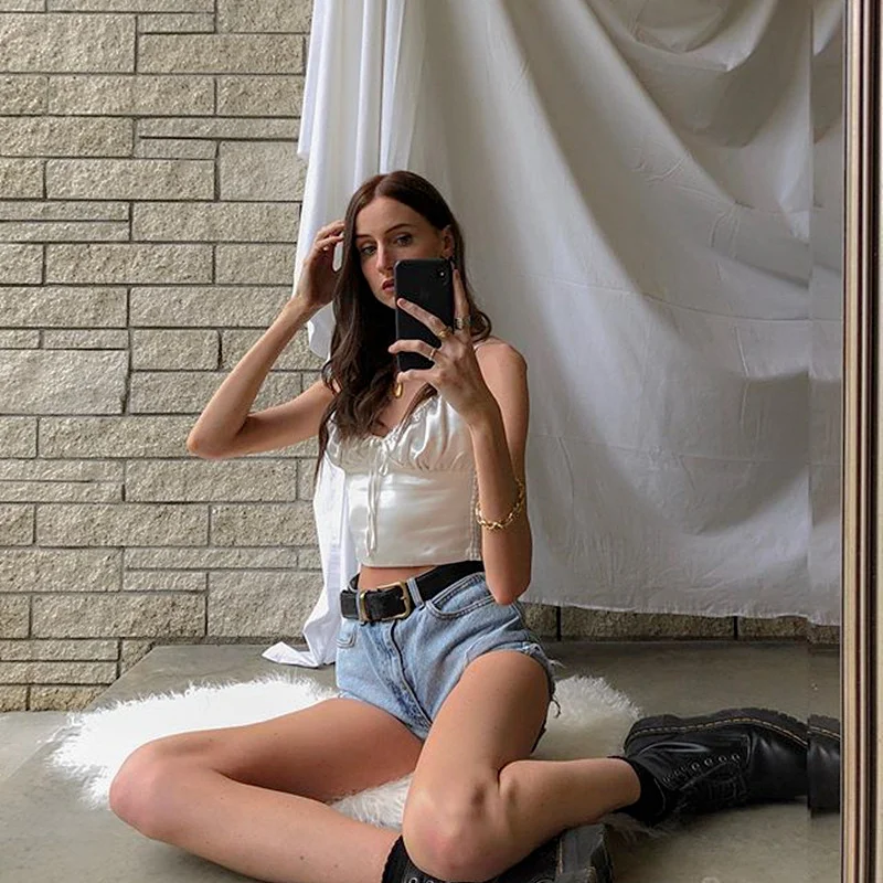 Uveng Uveng Summer New Fashion Sexy Hot Girl Pure Desire Wind V Tie Pure Color Silk Bright Small Vest