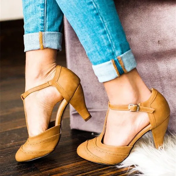 GOOSHOE Mustard T-Strap Almond Toe Cone Heel Pumps