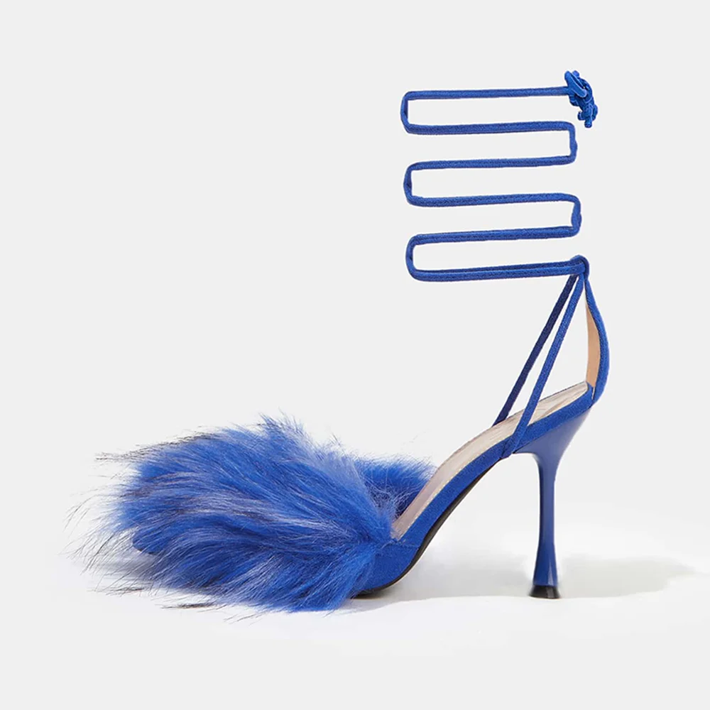 Blue Pointed Toe Sandals With Furry Ankle Strap Stiletto Heels Nicepairs