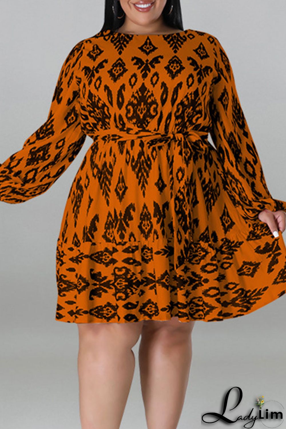 Light Apricot Casual Print Bandage Patchwork O Neck Straight Plus Size Dresses