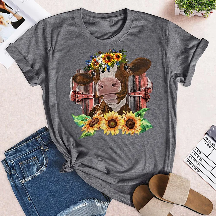 ANB - Cow with Sunflowers Retro Tee-05684