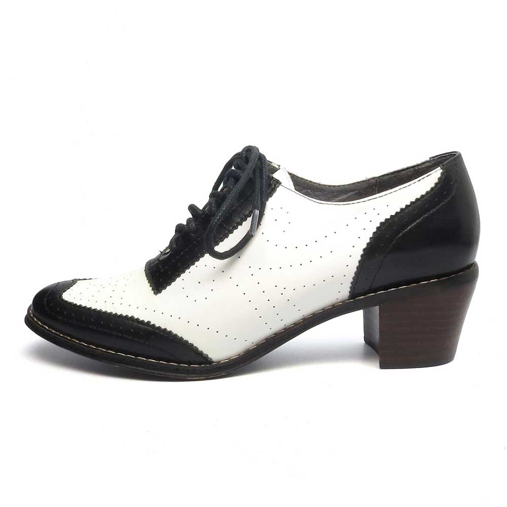 White & Black Round Toe Chunky Heel Cut-Out Formal Oxford Heels Nicepairs