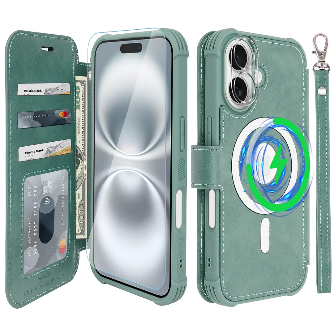 VANAVAGY Compatible for iPhone 16 Wallet Case for Magsafe Wireless Charging,Leather Flip Folio Wrist [Glass Screen Protectors & Camera Lens Protectors] with RFID Block Card Holder