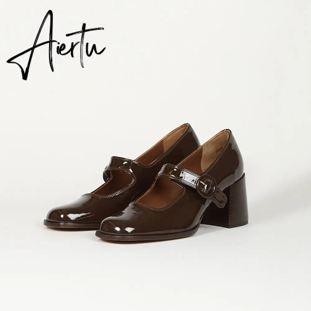 Aiertu Woman‘s New Mary Janes Shoes Genuine Leather Shallow Square heel Pumps Buckle Strap Round Toe Lady Footwear Aiertu