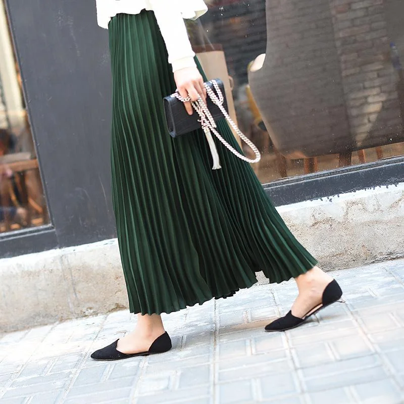 Womens Vintage Pleated Midi Long Skirt Female Korean Casual High Waist Chiffon Skirts Jupe Faldas Autumn