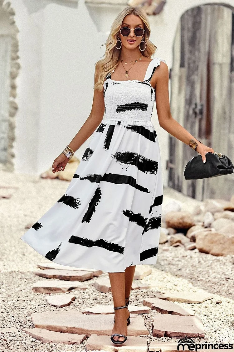 Printed Smocked Tie Shoulder Dress