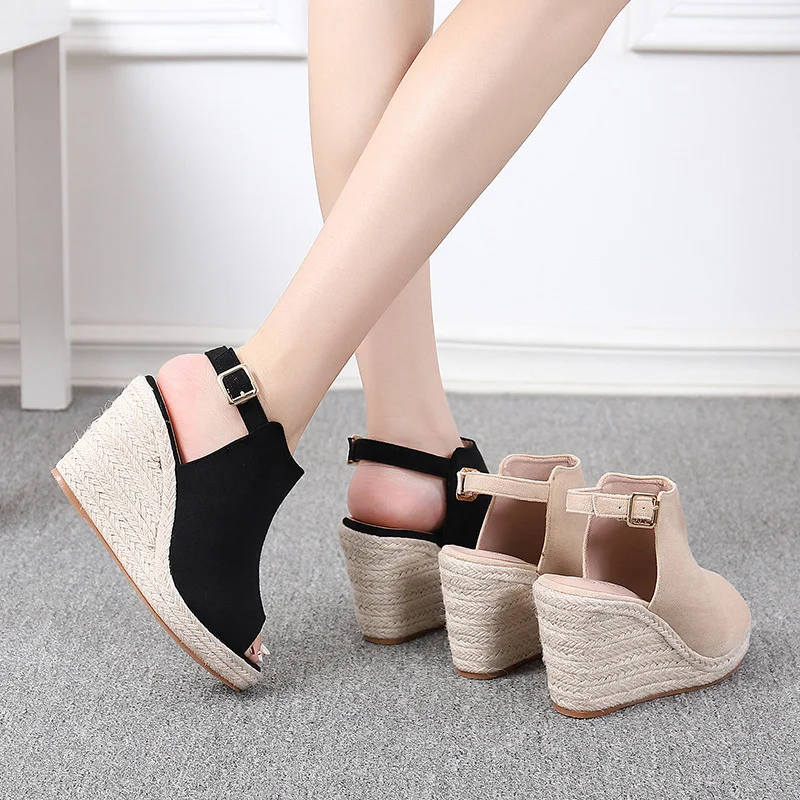Wongn Wongn Platform High Heel Fish Mouth Sandals One-Line Button Sandals Large Size Shoe Suede
