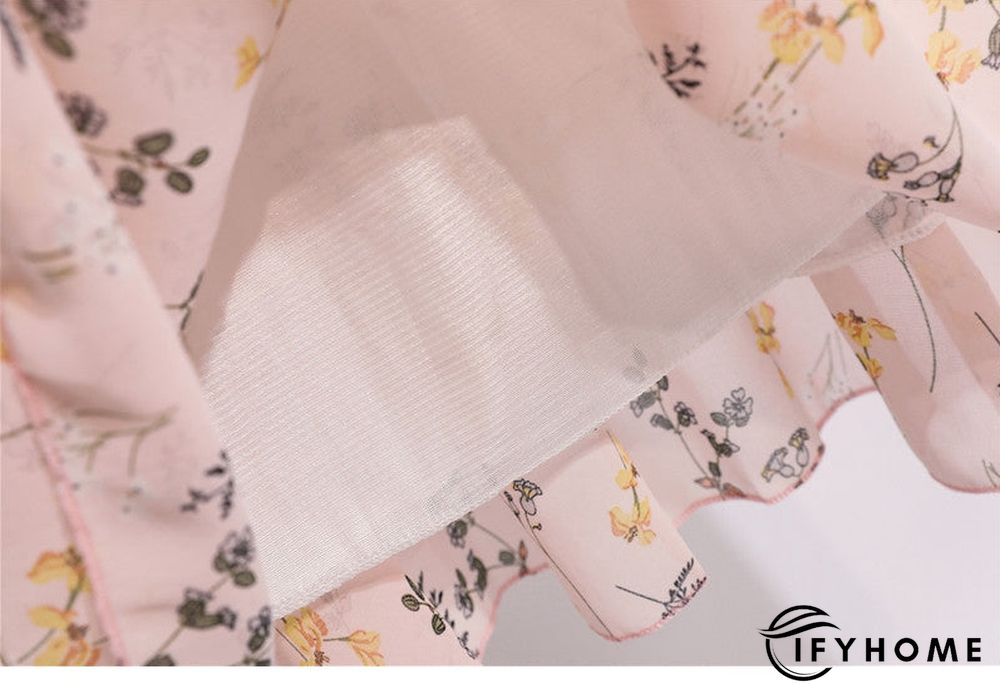 Spring Summer Chiffon Women V-Neck Floral Print Short Dresses Sweet Ruffle Sleeeve Slim Drawstring Ladies Dress | IFYHOME