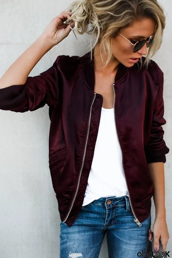 Solid Zipper Harrington Jacket