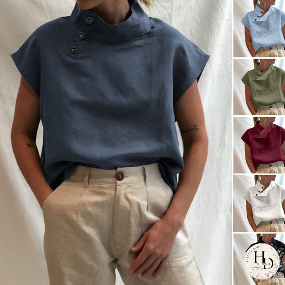 Summer Women Batwing Short Sleeve Blouse Cotton Linen High Collar Casual Loose Shirt Plus