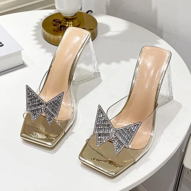 Fashion Rhinestone Bowtie Buckle Slippers Women Summer PVC Transparent Jelly Sandals Crystal Perspex Heels Ladies Dress Shoes