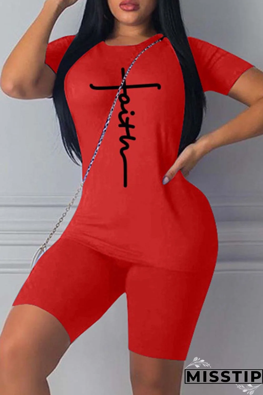 Black Casual Print Basic V Neck Short Sleeve Two Pieces