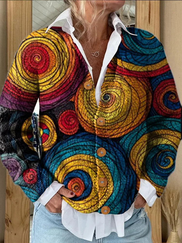 Geometry Abstract Patchwork Colors Print Buttoned Cardigan Sweater