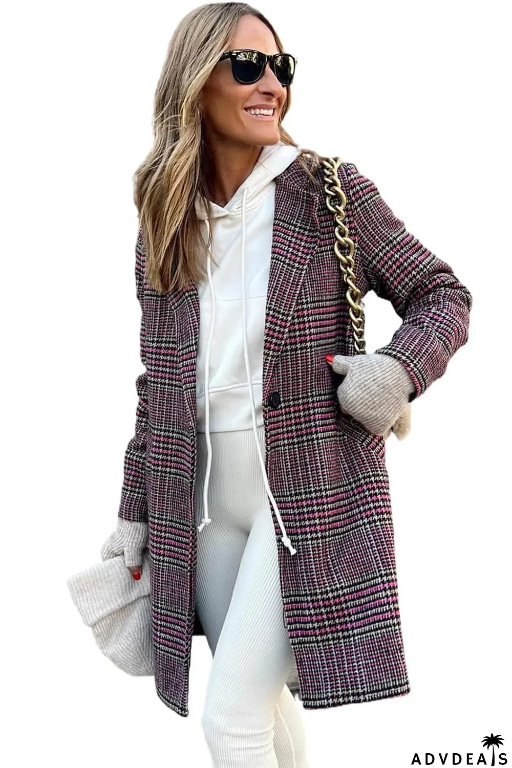 Pink Plaid Lapel Collar One Button Midi Coat