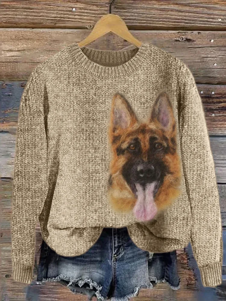 VChics German Shepherd Dog Felt Portrait Cozy Knit Sweater