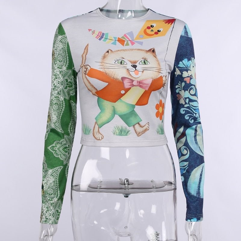 WannaThis Cartoon Print Women Sexy Crop Top Long Sleeve Kawaii White T Shirt Autumn 2021 Female Funny Patchwork O Neck Tee Tops