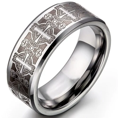 Silver Women Or Men's Tungsten Cross Carbide Wedding Band Rings,Silver With Laser Etched Celtic Knot Crosses on Wedding Band With Beveled Edges Ring With Mens And Womens For 4MM 6MM 8MM 10MM