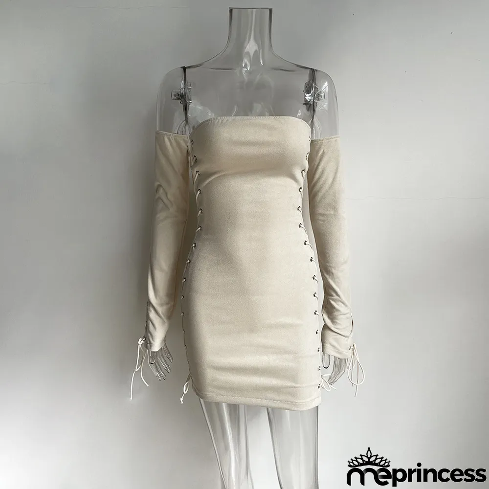 Summer Solid Color Strapless Lace-Up Club Dress With Sleeves