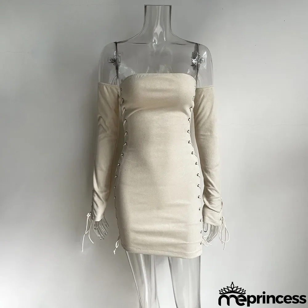 Summer Solid Color Strapless Lace-Up Club Dress With Sleeves