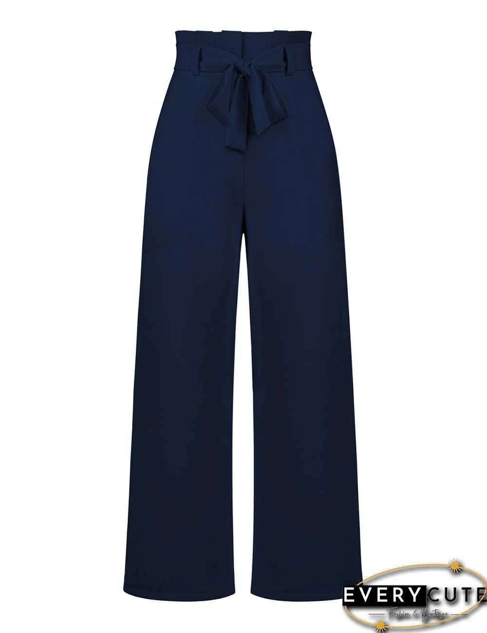 Navy Blue Wide Leg High Waist Pocket Pants with Belt