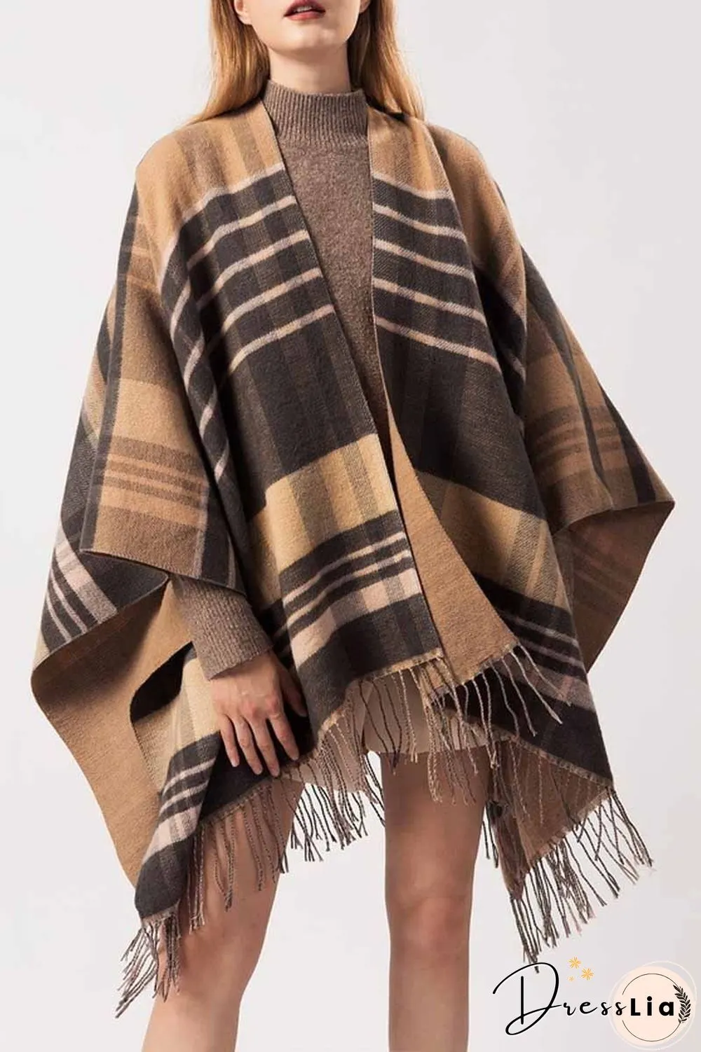 Essential Grid Loose Tassel Shawl Cloak(2 Colors)