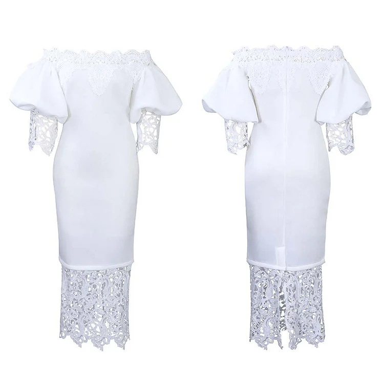 2023 summer lantern sleeve hip lace lace stitching shoulder banquet dress skirt
