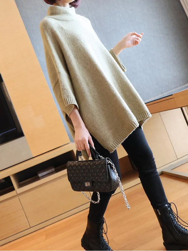 Solid Color High-Neck Batwing Sleeve Loose Sweater