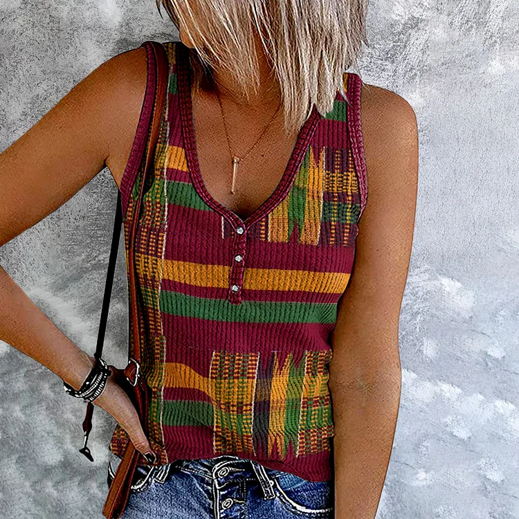 Comstylish Africa Ethnic Stripe Contrasting Colors V-Neck Tank Top