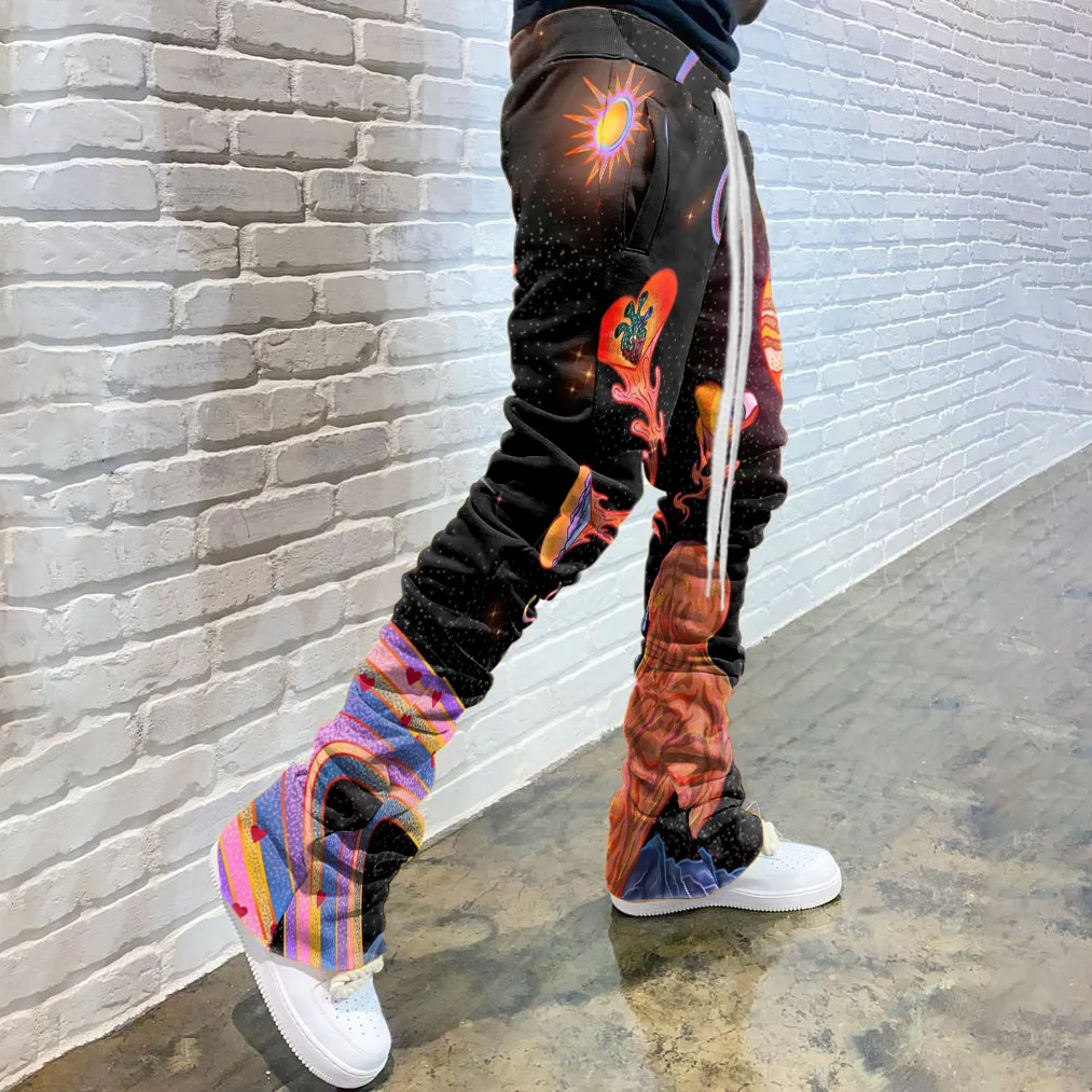 Casual Print Drawstring Flared Trousers