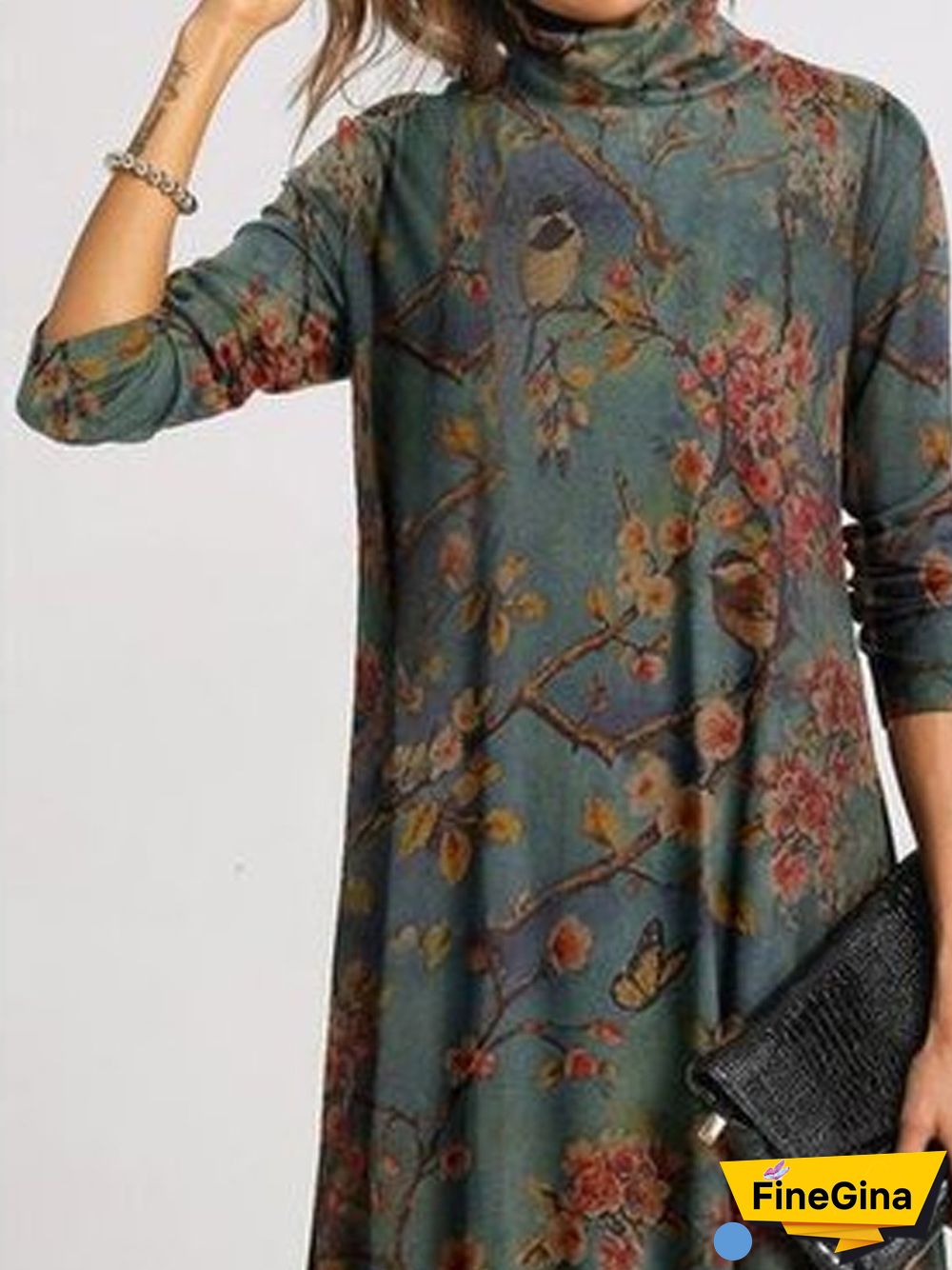 Vintage Shift Turtleneck Floral-Print Knitting Dress