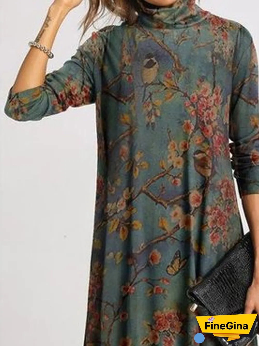 Vintage Shift Turtleneck Floral-Print Knitting Dress