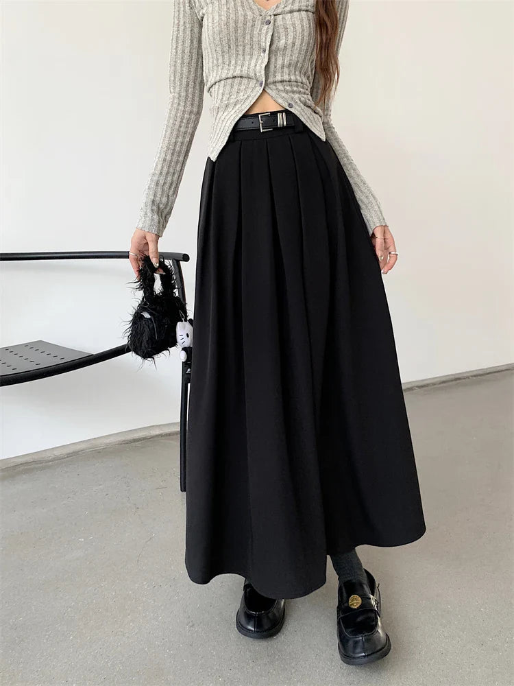 Aiertu New Korean Skirt Women Solid Color Versatile Mid-length Pleated Skirt Large Swing Type Skirt Female Long Skirts for Women Aiertu