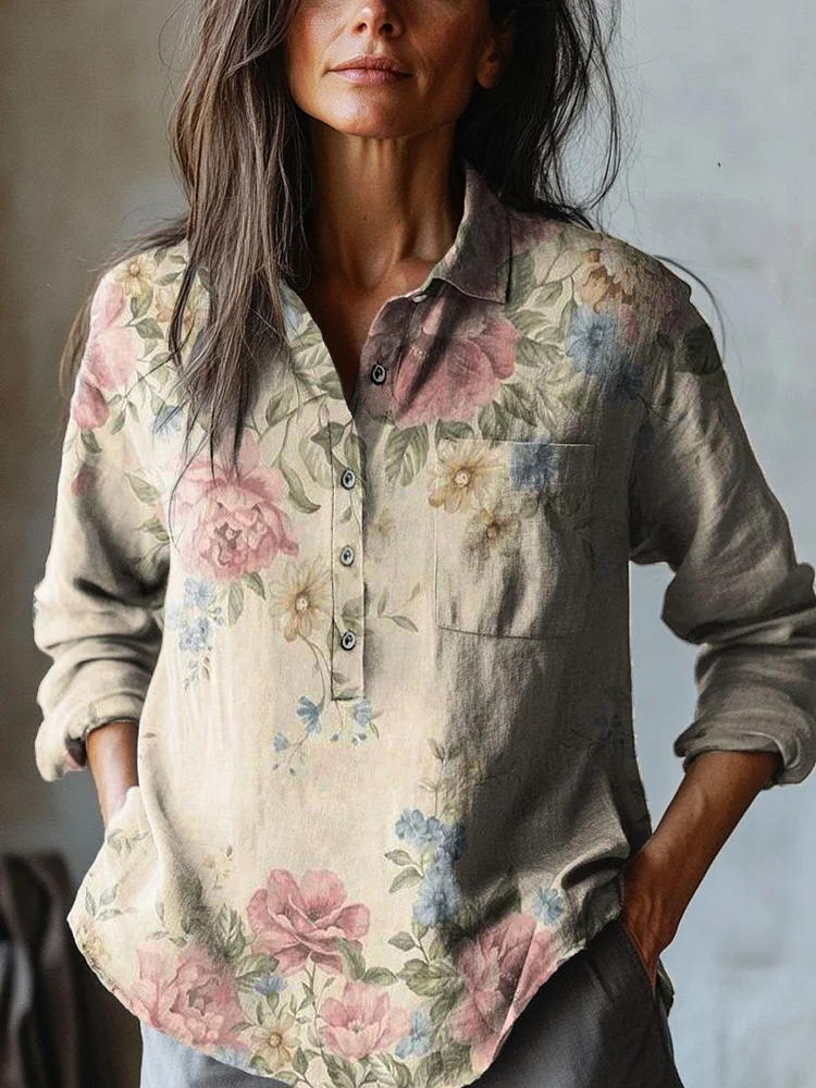 Women's Vintage Lovely Floral Art Print Casual Cotton And Linen Shirt
