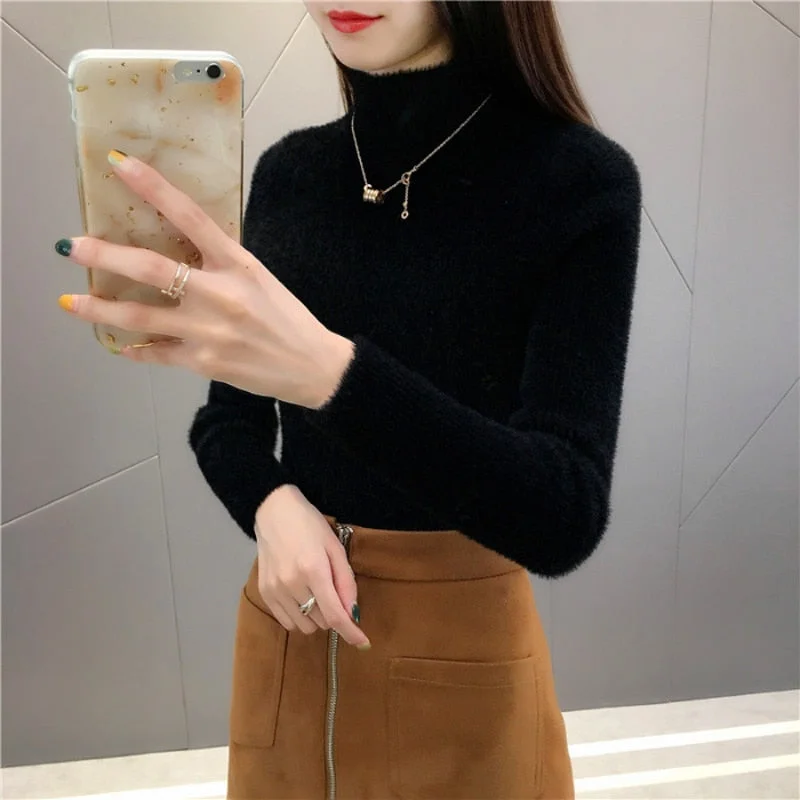 Zoki High Quality Faux Fur Women Knitted Sweater Winter Warm Turtleneck Pullover Female Top Casual Thick Korean Loose Jumper