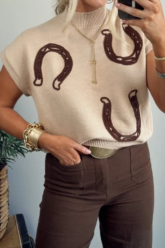 Western Horseshoe Mock Neck Short Sleeve Sweater