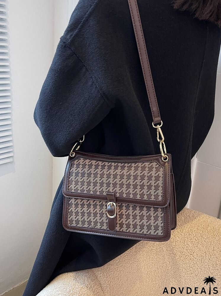 Contrast Binding Houndstooth Pattern Square Bag