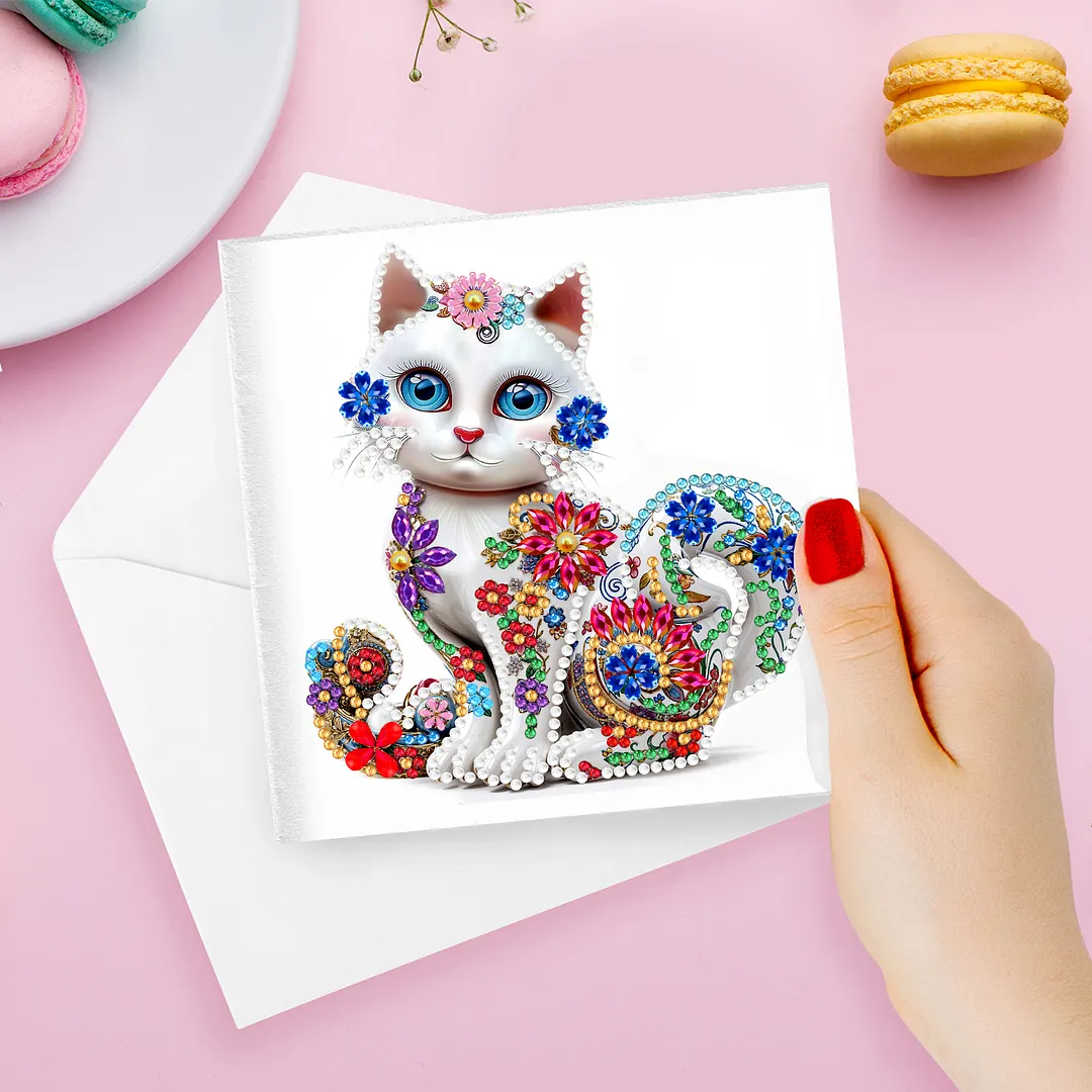 6pcs White Cat DIY Diamond Painting Greeting Card Kits with Envelopes Diamond Art Greeting Cards Diamond Art Cards Kits for Adults DIY Crafts Family Friend Gifts