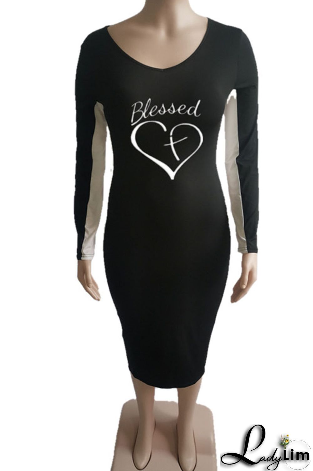 Black Casual Print Split Joint V Neck One Step Skirt Plus Size Dresses