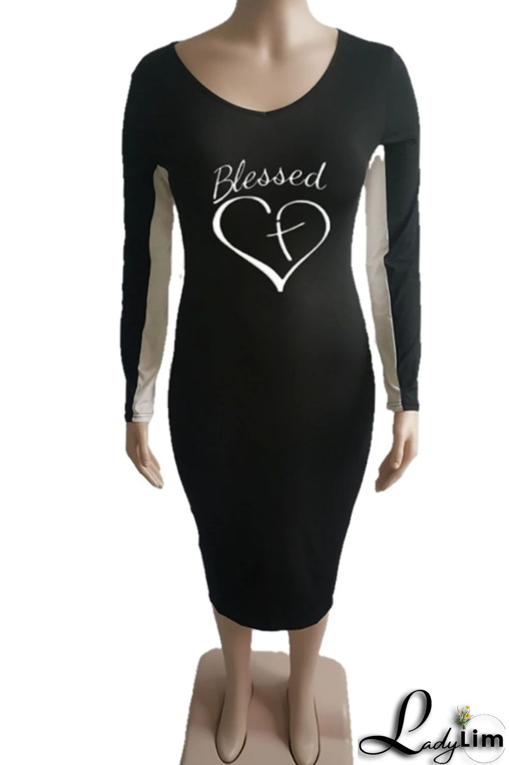 Black Casual Print Split Joint V Neck One Step Skirt Plus Size Dresses