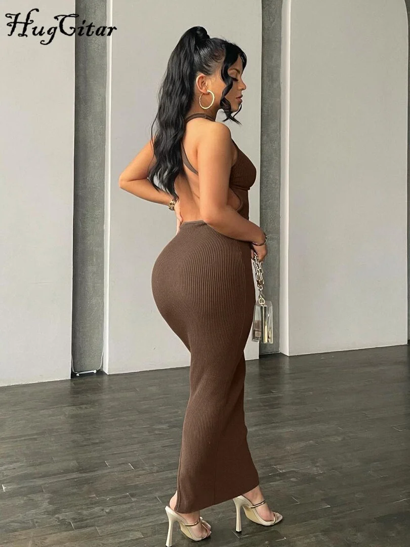 Hugcitar Ribbed Solid Hollow Out Backless Sleeveless Sexy Slit Mini Dress Bodycon 2022 Summer Women Outfits Elegant Party Y2K