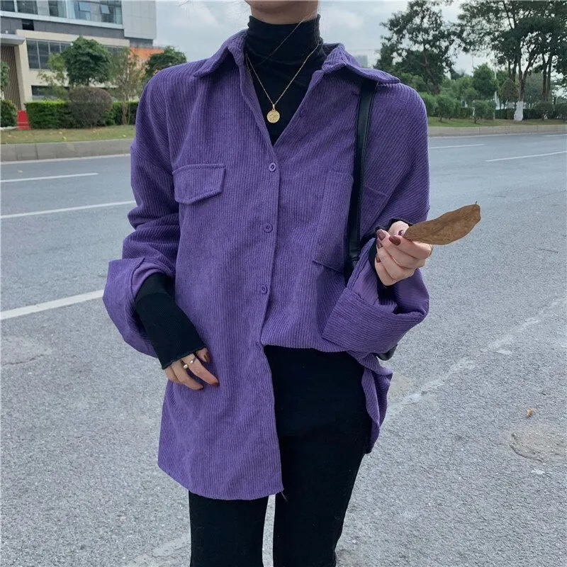 Women Shirts Blouses Fashion Vintage Oversized Womens Tops and Blouse Turn-down Collar Casual Plus Size Loose Woman Purple Shirt