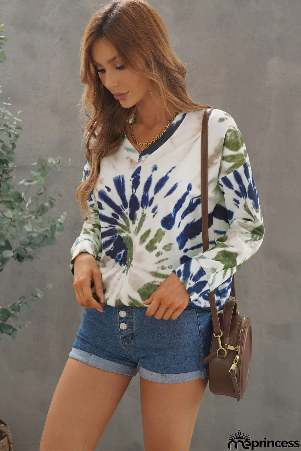 Casual Tie-dye V Neck Pullover Sweatshirt