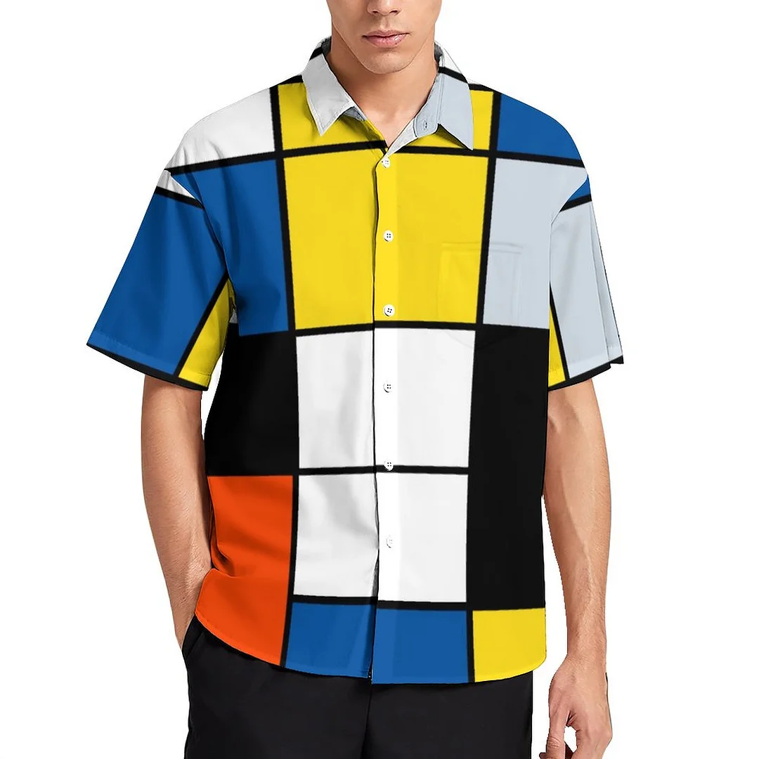 Piet Mondrian Composition A Abstract Modern Art Women Front Pocket Button Down Tops Men Party Vacation Hawaiian Shirt