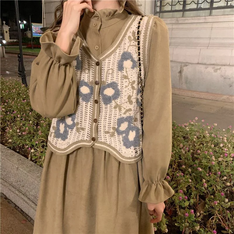 Puff-Sleeve Midi A-Line Dress / Floral Print Button-Up Vest YP1914