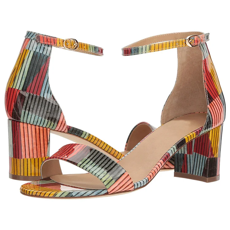 Multicolor Patent Leather Ankle Strap Block Heel Sandals |FSJ Shoes