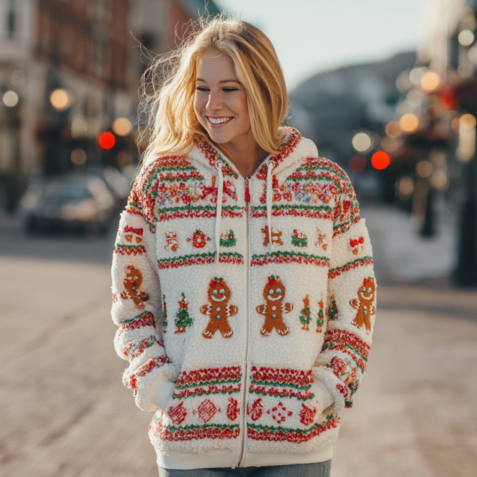 Cute Snowman Design Women's Flannel Hooded Sweatshirt Coat elevenforest