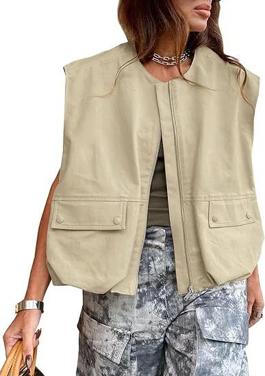 Nigikala Nigikala New Sleeveless Pocket Loose Vest Zipper Coat Woman