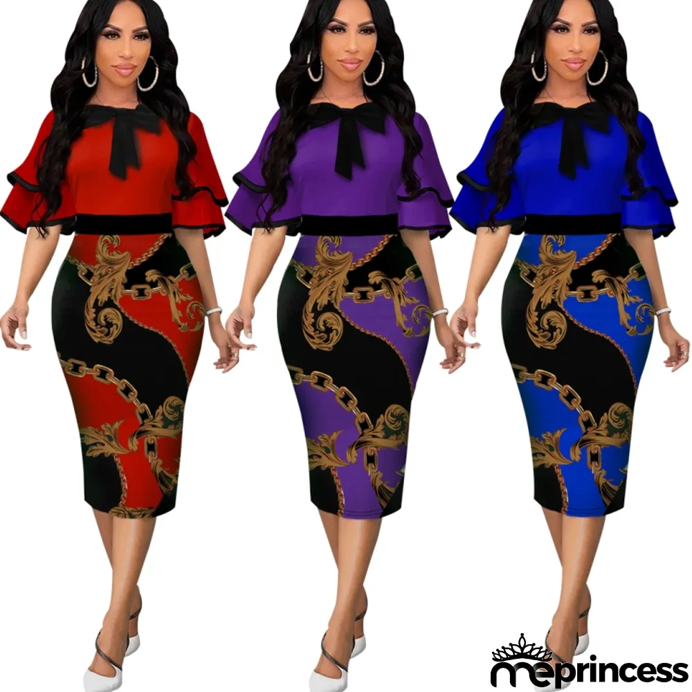 Women Summer Printed Formal Bow Short Sleeves Cascading Ruffle Midi Pencil Office Dress